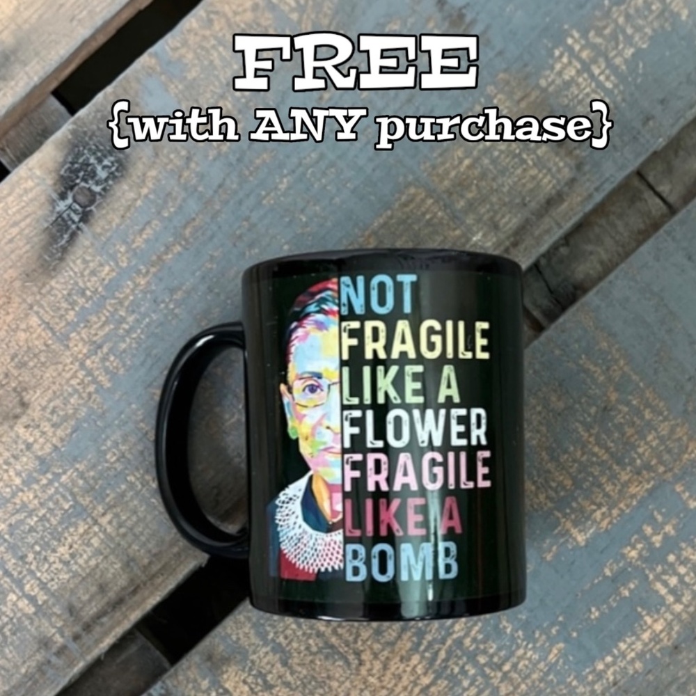 ✶Free✶ RBG Black & Pink Coffee Mug | Ruth Bader: Fragile Flower + Bomb Quote Cup